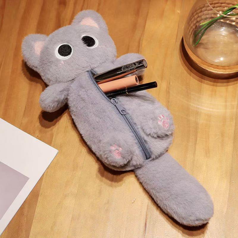 1Pc Large Capacity Cartoon Doll Cat Pencil Bag Siamese Cat Plush Pencil Case Stuffed Animal Pen Storage Bag Stationery Bag