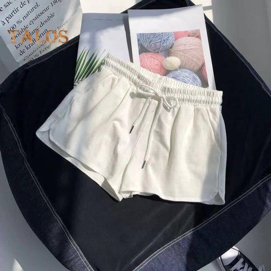 Women Casual Shorts Elastic Waistband Adjustable Drawstring Sport Shorts Solid Color Wide Leg Home Shorts