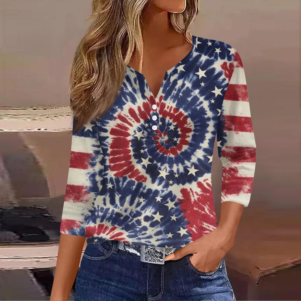 Women's Fashion Casual Independence Day American Flag Stars and Stripes Print Collar V-Neck Three-Quarter Sleeve Decorative Button-Up T-Shirt Top