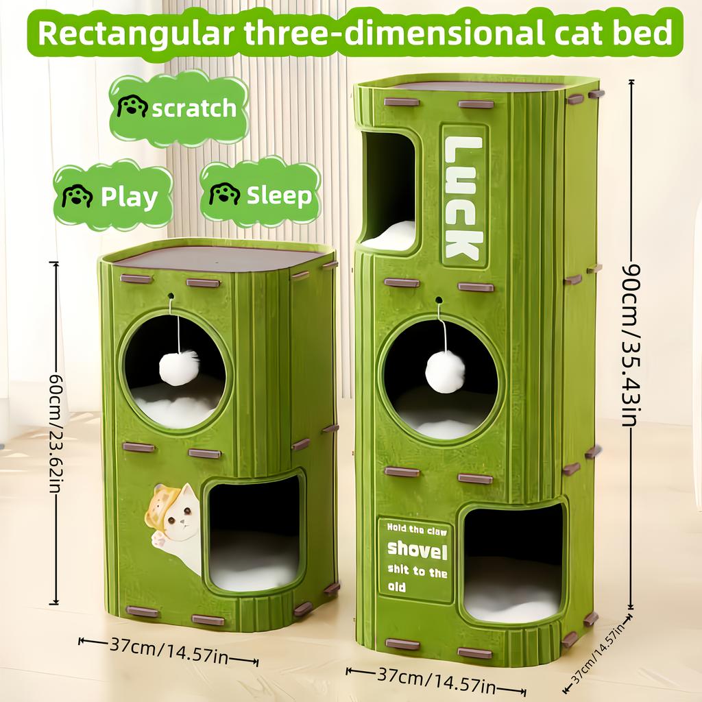 Space-saving Detachable Cat Bed with Scratching Posts and Hanging Toys, Easy-to-clean Indoor Cat Pet Furniture, Interactive Play and Rest Area.