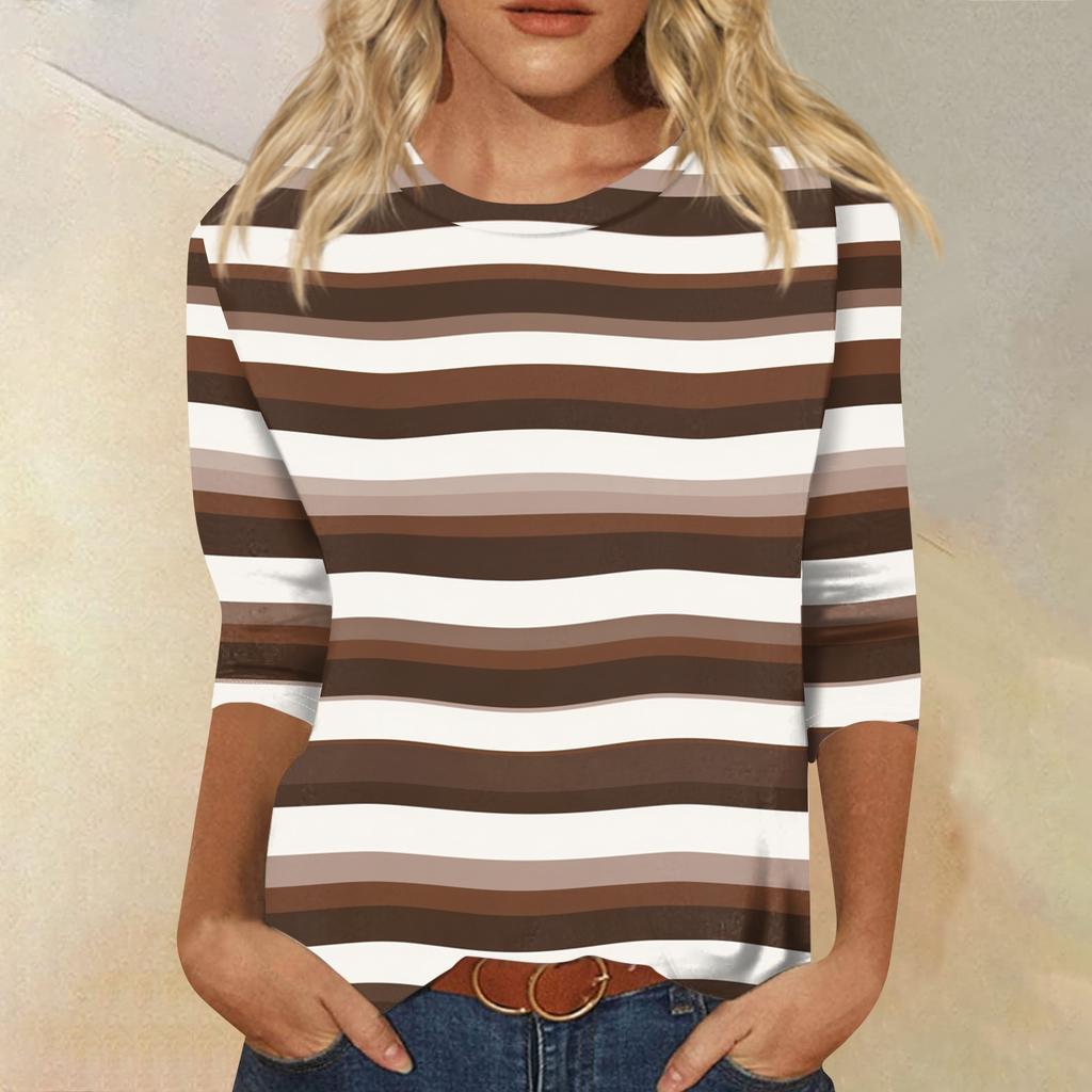 Damtopp med rund hals och trekvartsärm, randig och tryckt