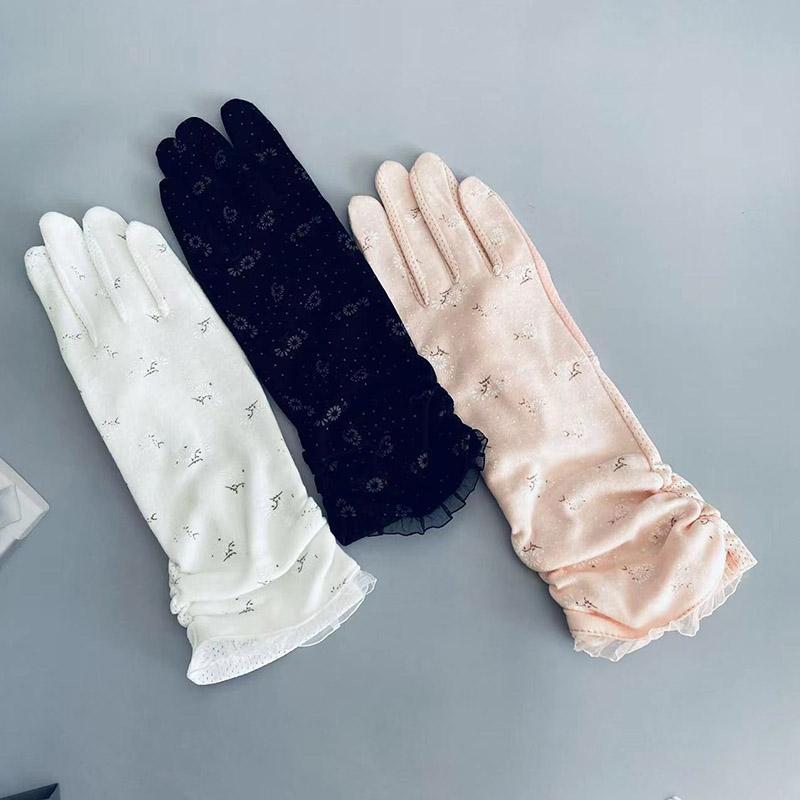 Summer Driving Sun Protection Gloves for Women Short Pure Cotton Thin Medium Long Breathable Anti Slip Floral Pattern