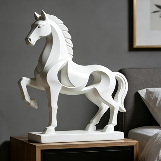 Standing Horse Statue Modern Geometric Horse Ornament Large Base Matte White Art Figurine for Home Office Living Room Decor Luck Wealth Gift
