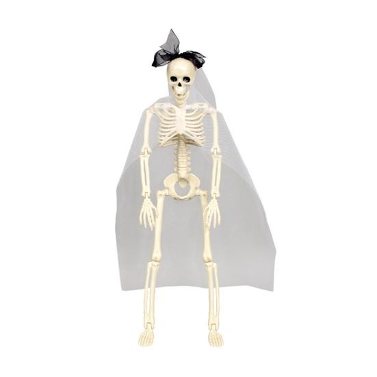 Yousheng Halloween Skeleton Bride Groom Statue 15 Inch Plastic Posable Skeleton Wedding Couple Hanging Ornament with Veils Robe for Haunted House