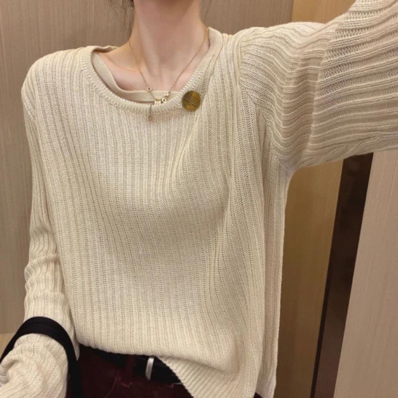 

Нежный ветер тонкий свитер длинный рукав осень круглый вырез пуловер чувство дизайна обнажение ключиц топ вязаный свитер average size абрикосовый