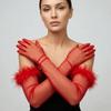 Silk Long Gloves Solid Color Mesh Mittens Fashion Feather Gloves  NightClub