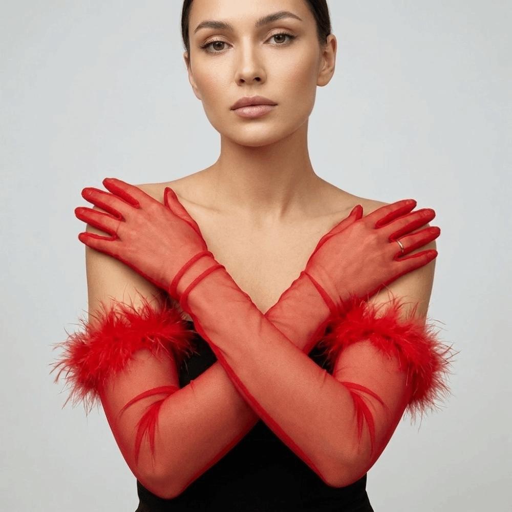 Silk Long Gloves Solid Color Mesh Mittens Fashion Feather Gloves NightClub