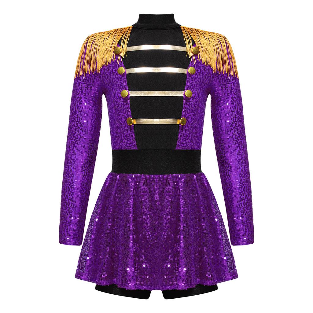 Girls Circus Ringmaster Costume Long Sleeve Shiny Sequins Dress Jumpsuit Halloween Party Fancy Cosplay Outfits Ballet Dancewear