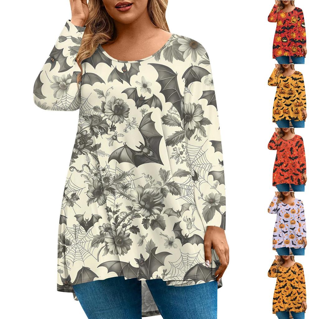 Women's Fashion Large Size Round Neck Long Sleeve Casual Halloween Print Loose Pullover Top