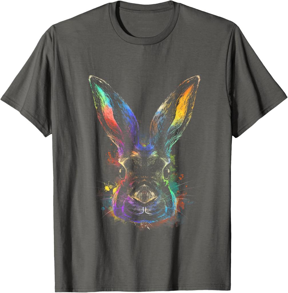 Colorful Rainbow Watercolor Rabbit Graphic Tee Men Casual Crew Neck Daily T-Shirt Easter