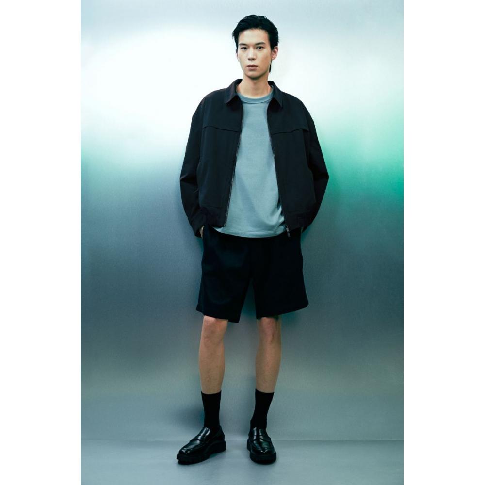 H M Waffle Texture Jacket Loose Fit Navy Blue
