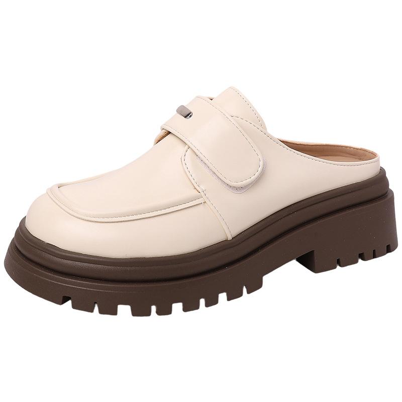 Ji Xiao leather shoes casual Velcro women's imitation leather retro one-pedal platform slippers tide