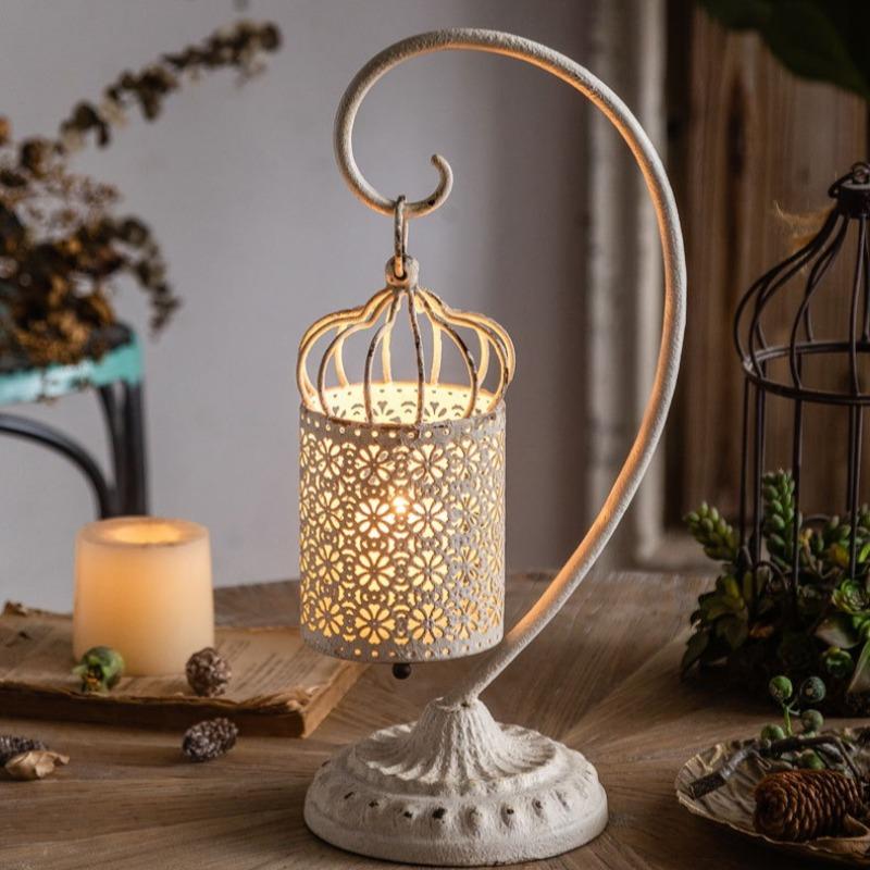 French Vintage Iron Hollow Tabletop Lantern, Creative Candle Holder Lamp Decor for Restaurant Home - Rustic Retro Centerpiece