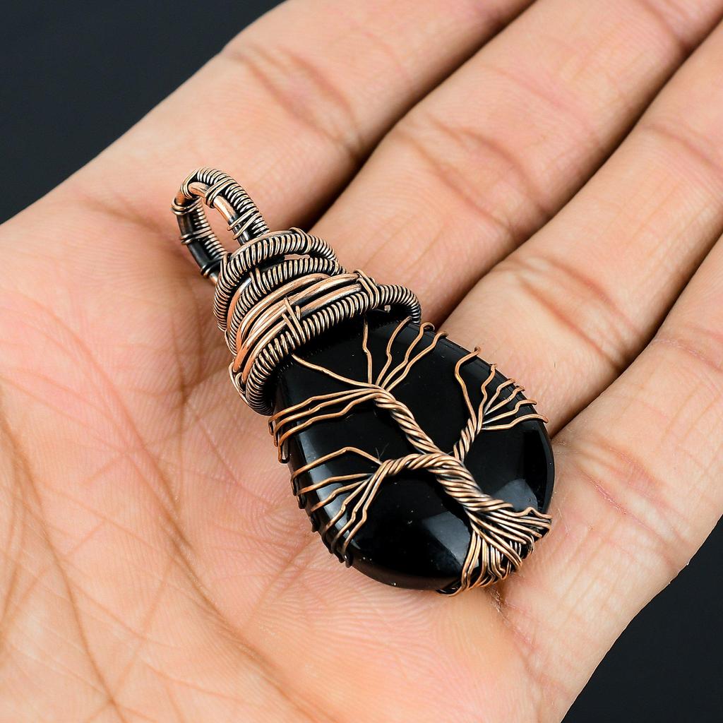 Black Obsidian Gemstone Handmade Pure Copper Wire Wrap Jewelry Pendant For Women