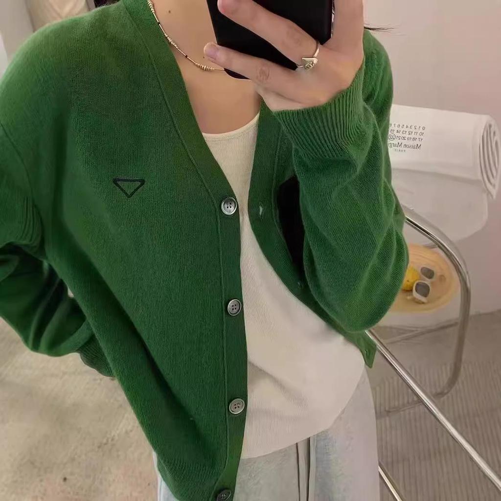 European V-Neck 100% Wool Knit Cardigan - Women's Autumn/Winter Embroidered Long Sleeve Sweater