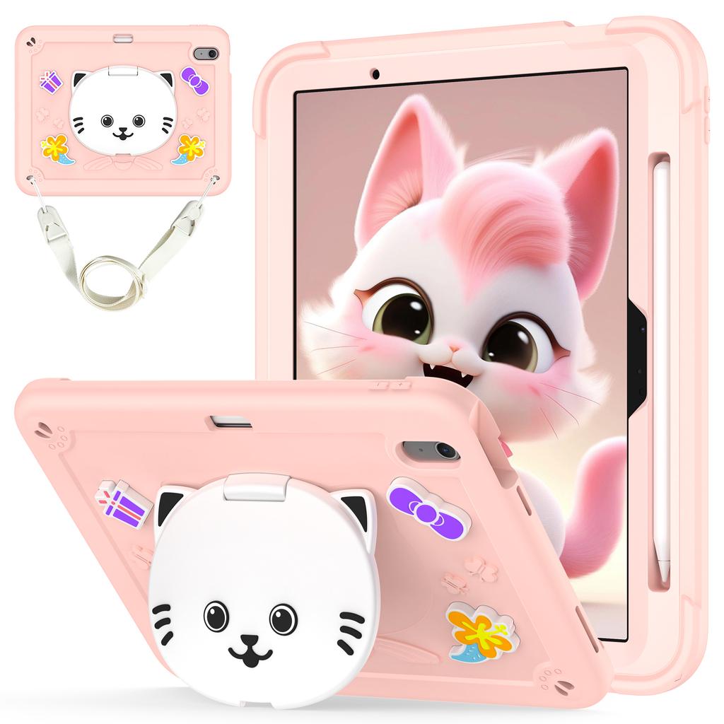 For iPad Air 11 (2025)/(2024) Case PC + Silicone Tablet Cover with Cat Kickstand/Shoulder Strap
