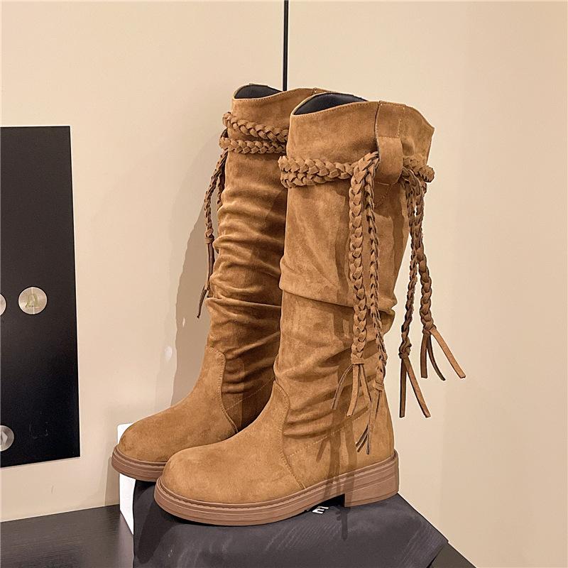 Wasteland Wind Fringed Knight Boots Thick Heel But Knee Boots 2025 Autumn and Winter Retro Slim Pile Medium Women's Boots