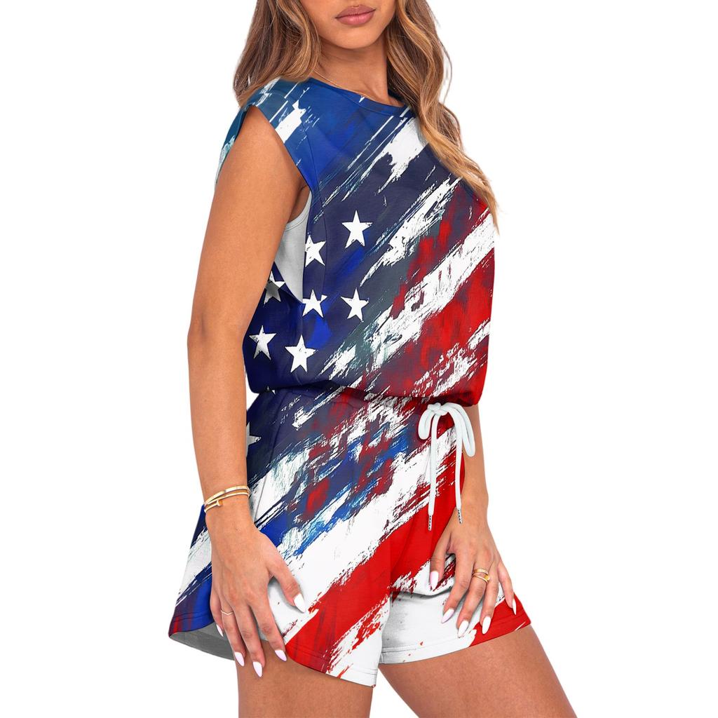 Women's Jumpsuit Independence Day Print Spring Summer Cap Sleeves Adjustable Drawstring Waist Comfortable Casual Short Jumpsuit With Pockets