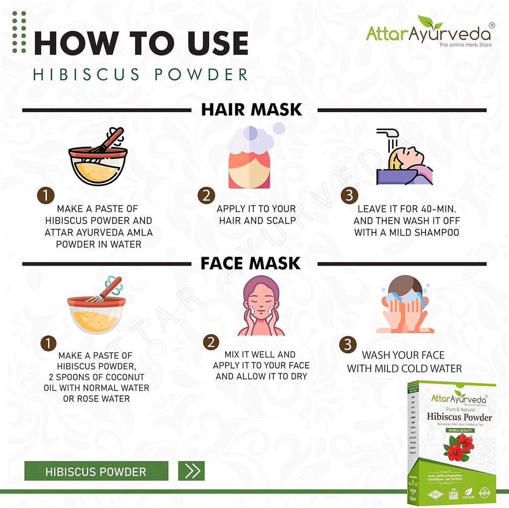 Attar Ayurveda Hibiscus Powder 100g for Hair Care, Face Pack, Tea, Pure Natural Flower Powder
