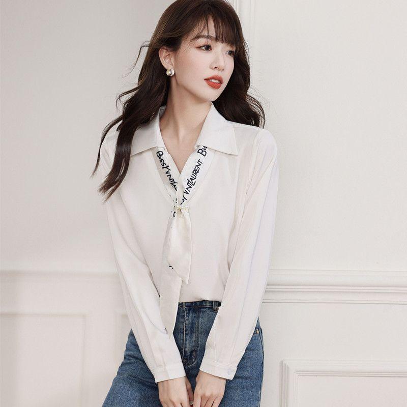 

Весенне-осенний шелковый шарф атласная женская рубашка с длинным рукавом и галстуком дизайн матча зеленый S слоновая кость