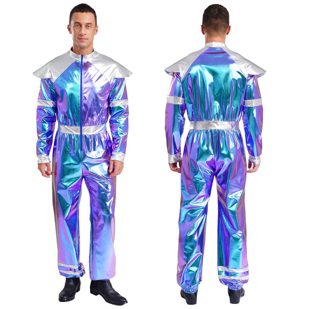 Mens Alien Robot Costume Retro Space Theme Long Sleeve Jumpsuit Shiny Metallic Halloween Party Outfit