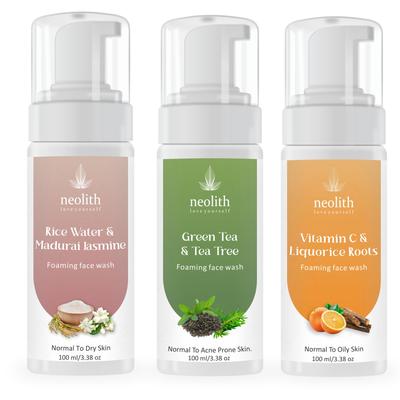 Rice Water & Madurai Jasmine Foaming Face Wash, Vitamin C & Liquorice Foaming Face Wash, Green Tea & Tea Tree Foaming Face Wash 100 Ml Each