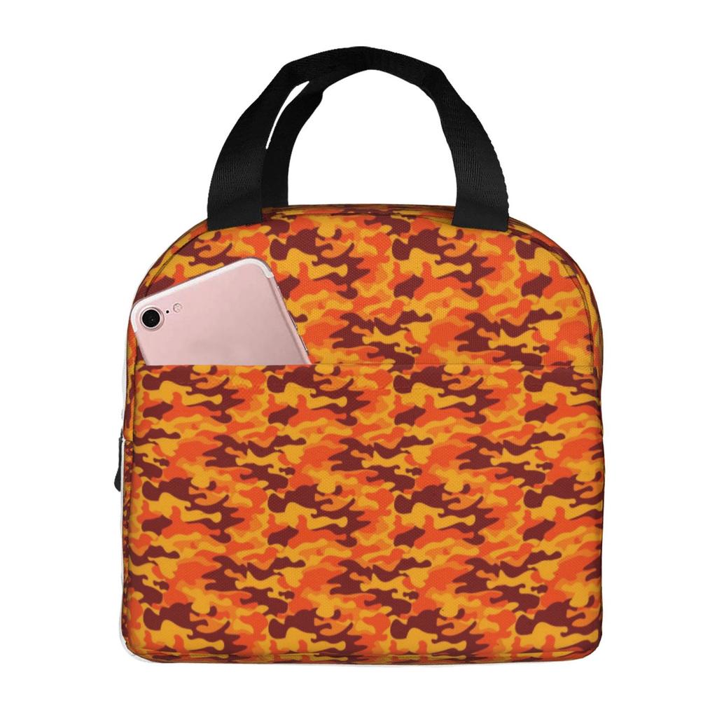 Fashion Orange Camouflage Pattern Portable Lunch Boxes Waterproof Thermal Cooler Food Insulated Lunch Bag Kids School Children