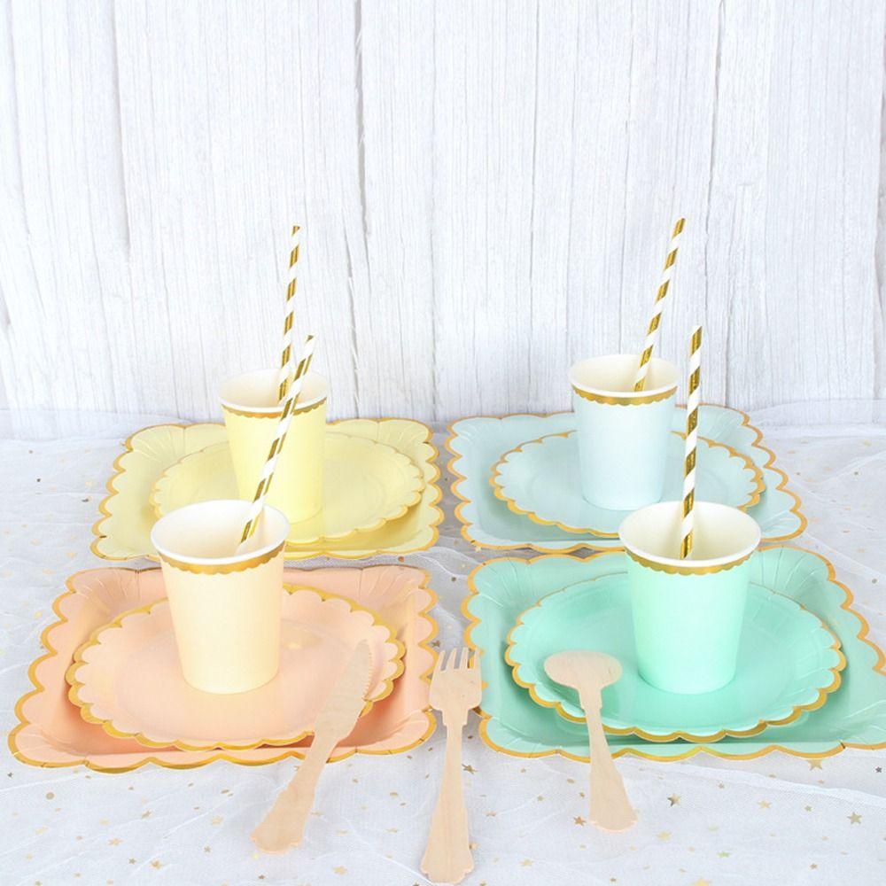 

Paper Birthday Tableware Set Candy Color Hot Stamping Paper Plates Happy Birthday pink-23cm-10pcs square