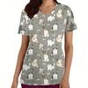 Clinical Uniform Cute Cat Cartoon Print Fashion Short Sleeve Casual V-Neck Vet Medical Clothes Women's T-shirts