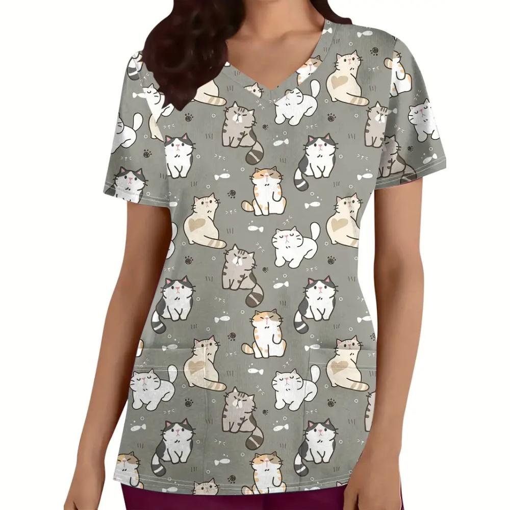 Clinical Uniform Cute Cat Cartoon Print Fashion Short Sleeve Casual V-Neck Vet Medical Clothes Women's T-shirts