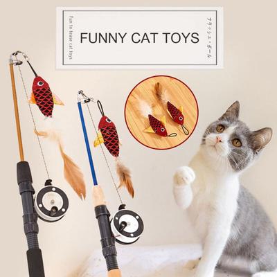 Cat Toys Fish Shape Telescopic Feathers Cat Stick Simulation Fishing Rod Kitten Funny Playing Toy Cat Interactive Wand Toy