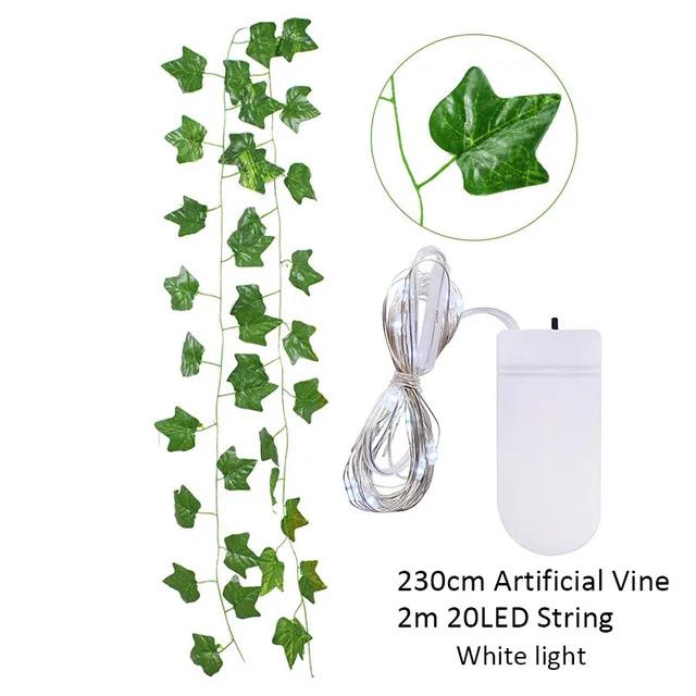 2.3m Fake Creeper Green Leaf Ivy Vine with 2m LED String Lights - Home Wedding Party Hanging Garland Artificial Flower