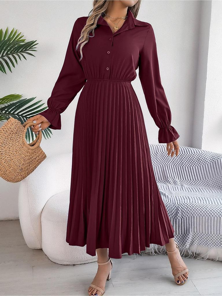 Abito a Colletto Reversibile Monocolore Abito Elegante Plissettato a Vita Alta per Donna Abiti Ampi a Maniche Lunghe Abito Casual