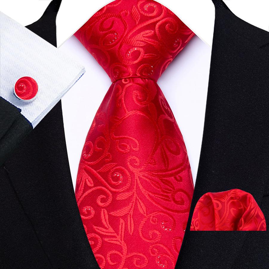 Red Striped Paisley Solid Floral Wedding 8CM Tie For Men Design Mens Necktie Hanky Cufflink Set For Daily Wear Business Party