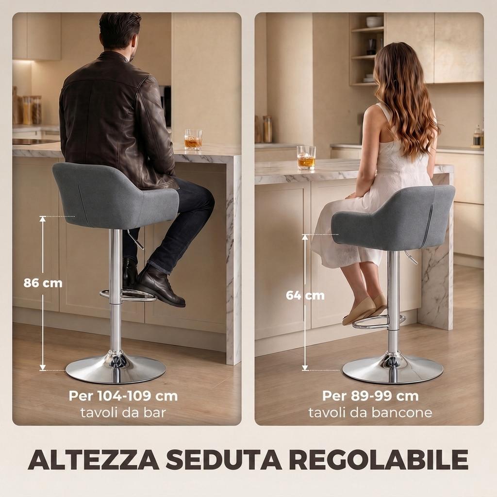 Set of 2 Swivel Bar Stools In Velvet with Adjustable Height, Footrest, Backrest, Metal Base, Gray