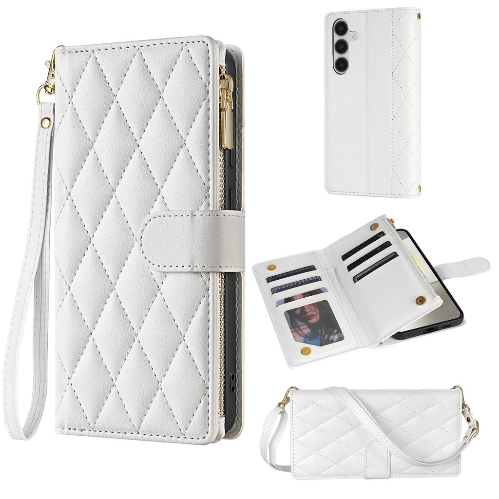 For Samsung Galaxy S26+ Case Rhombus Stitching Leather Wallet Phone Cover with Long / Short Strap