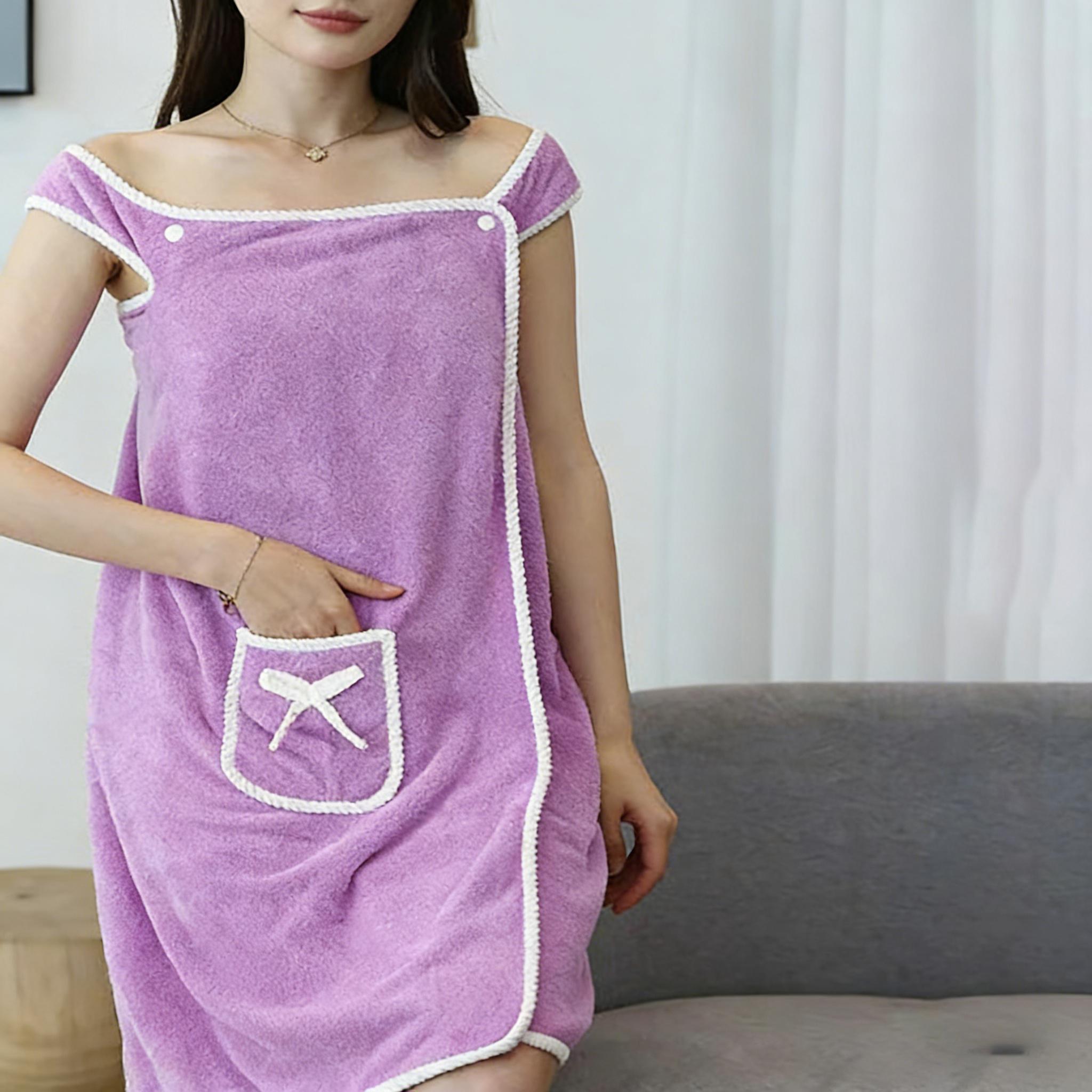 

1pc Wearable Bath Towel with Pocket Bow Decoration Absorbent Quick Drying Bathrobe and Towel 80x145cm 80x145 світло-фіолетового кольору