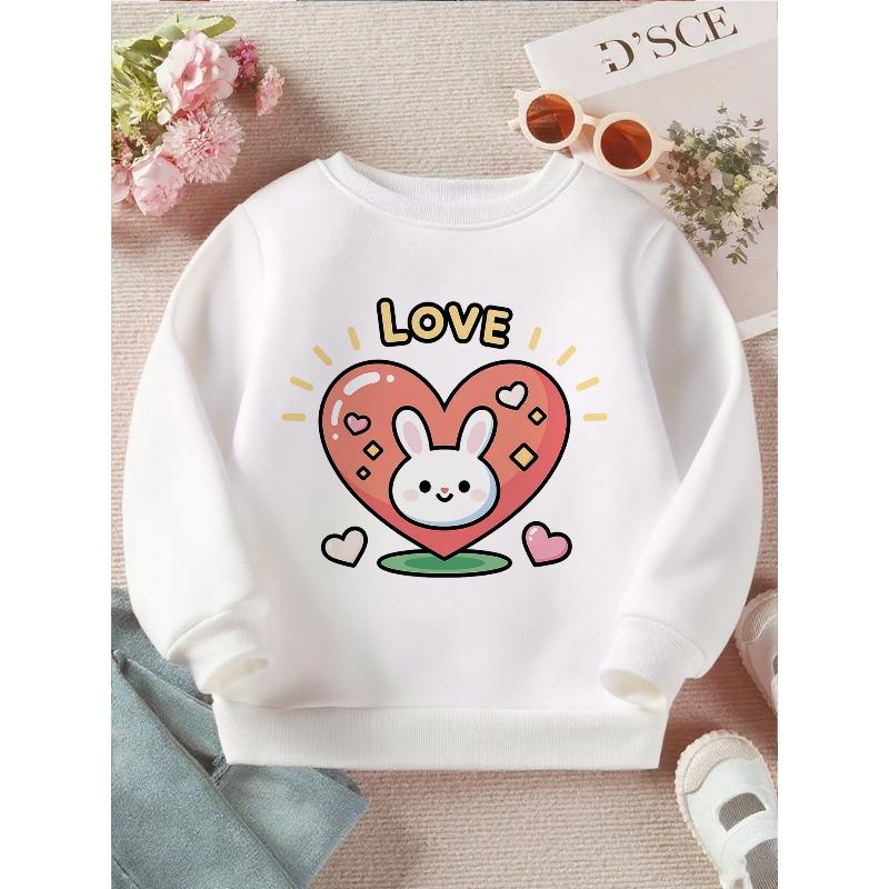 Kids Crewneck Sweatshirt, Cute Love Bunny Heart Graphic Print, Soft Cozy Long Sleeve Pullover 110