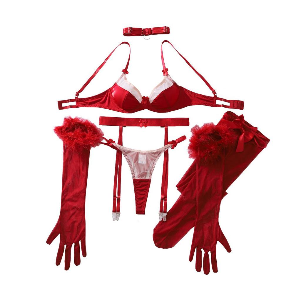 Women's Sexy Lingerie Set Red Shaping Bra Set Lingerie Set With Sheer Stockings & Gloves