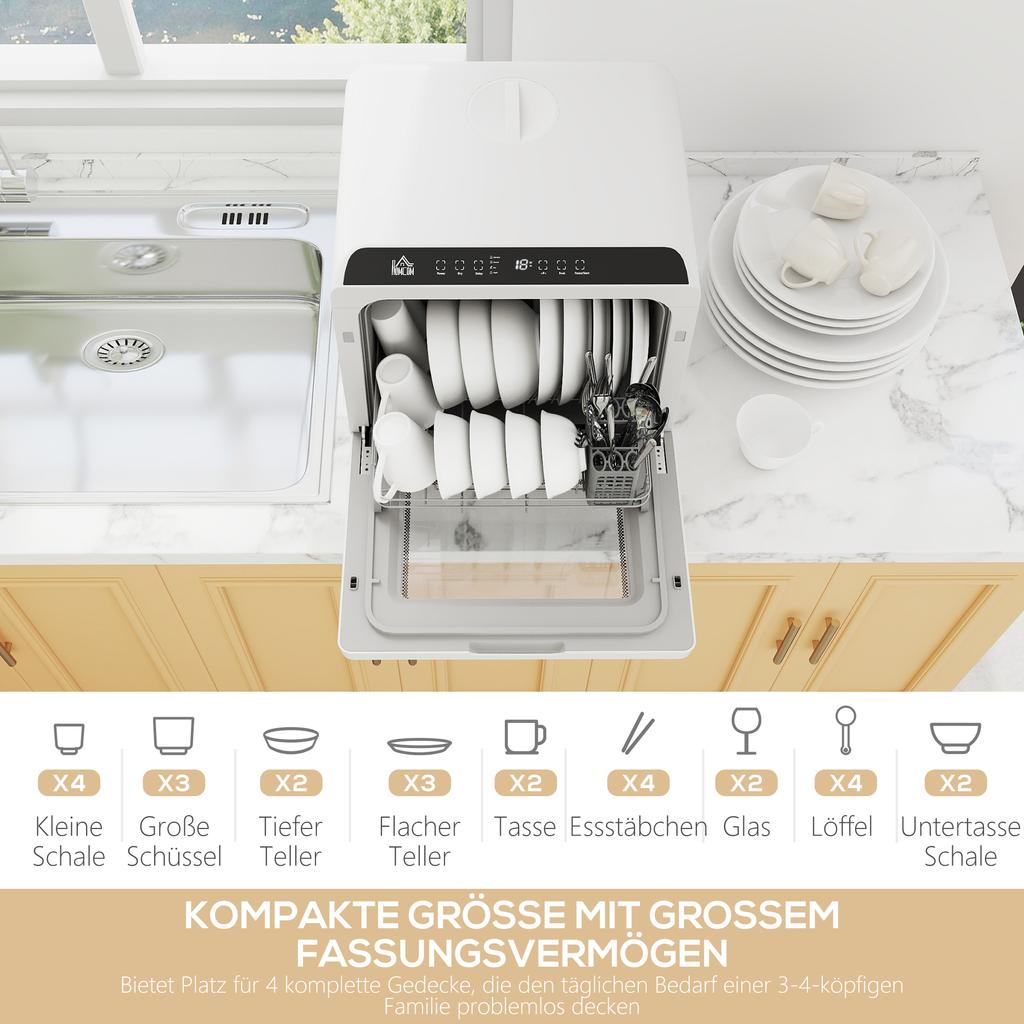 Dishwasher, Mini dishwasher with 6-liter tank, 5 programs, LED display, drying function, white