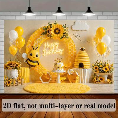 2D Bumblebee and Honeycomb Themed Birthday Backdrop Photo Background Banner