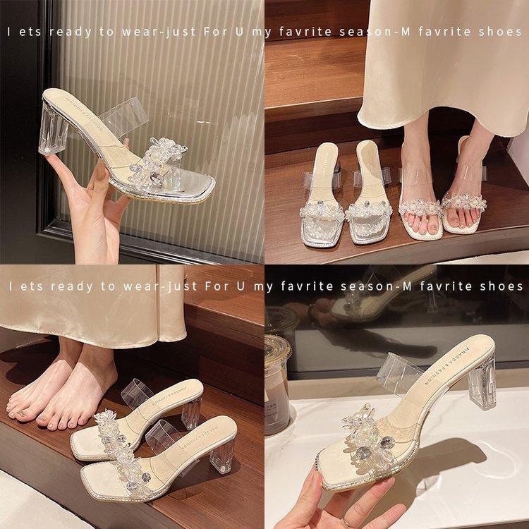 

Rhinestone beaded transparent crystal and sandals high-heeled slippers 35 серебряный