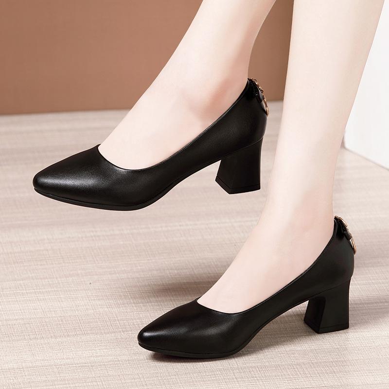 Genuine Leather OL Work Shoes Women Black Pumps 2025 Spring Casual Shoes Female High Heels Wedding Shoes Plus Size Pumps