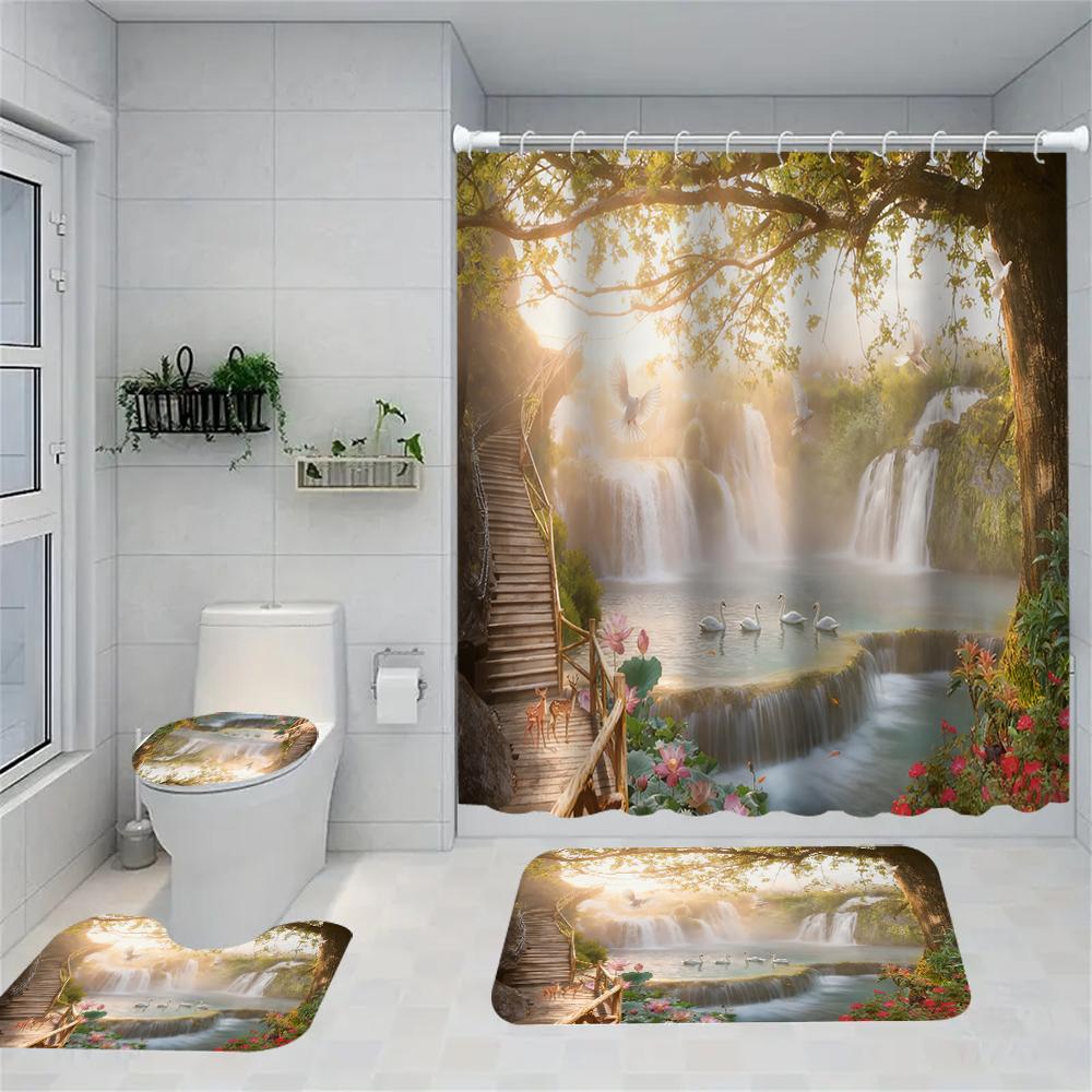 1/4 Forest Waterfall Print Shower Curtains, Toilet Seat Decoration, Shower Curtain with Carpet and Toilet Lid, 70.8x70.8 Inch