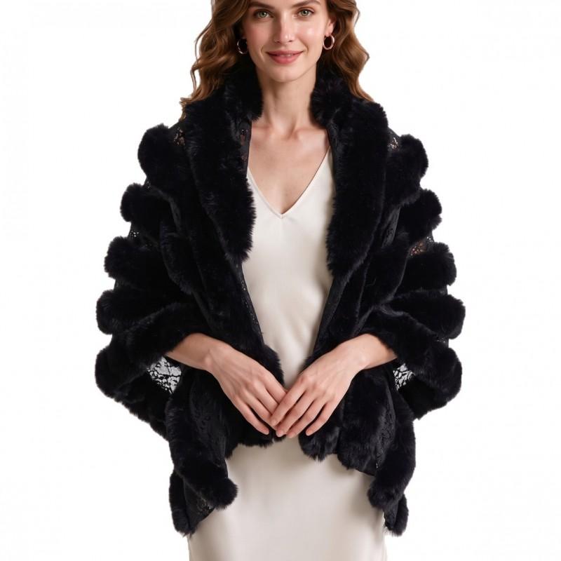 2026 Fall Winter Faux Fox Fur Lace Patchwork Mid-length Shawl Coat Women Trendy
