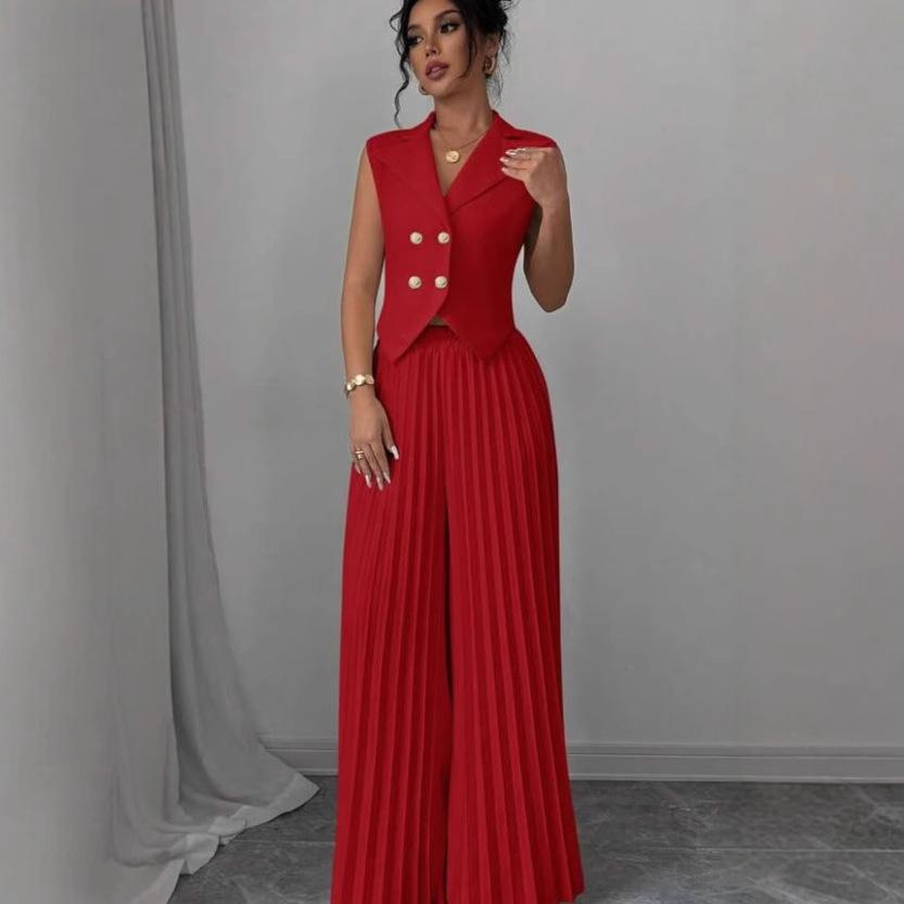 

Женский белый блейзер без рукавов двубортный с широкими плиссированными брюками XL