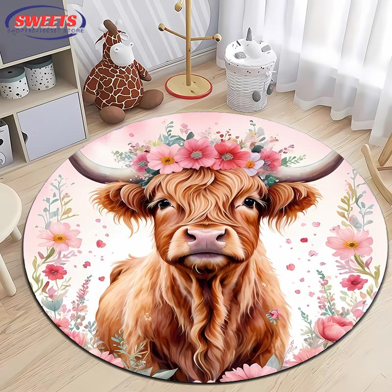 Scottish Highland Cattle Pattern Round Rug Kids Room Circular Carpet Living Room Bedroom Home Decoration Computer Chair Area Mat