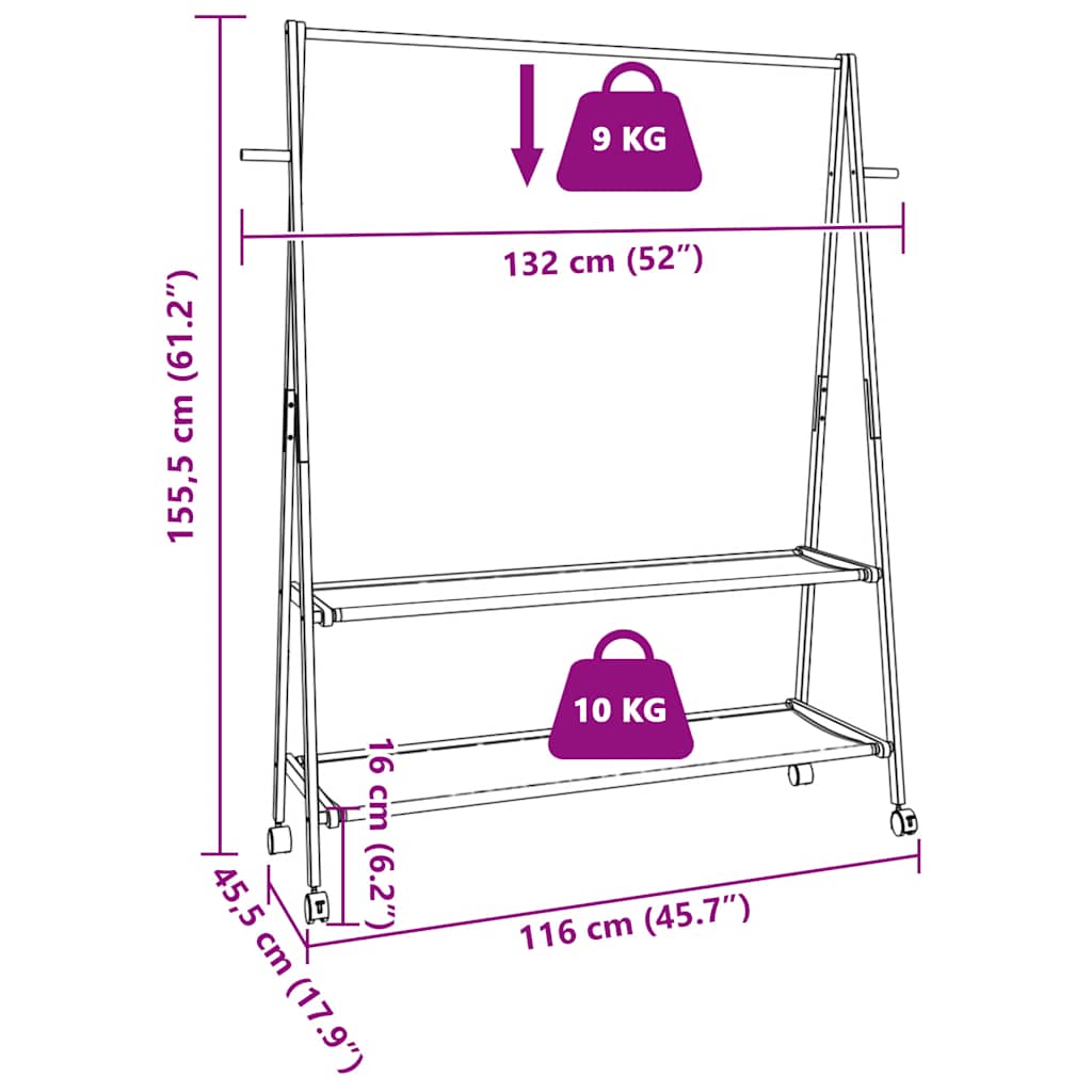 Bamboo Clothes Rack with Shelves and Casters 132 X 45.5 X 155.5 Cm