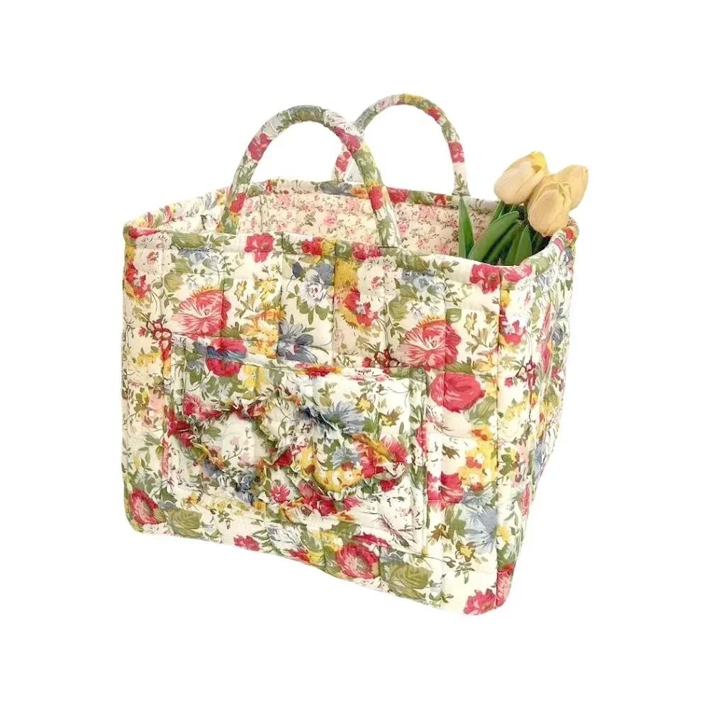 Fabric Floral Pattern Storage Basket Large Capacity Easy Carry Handles Fabric Laundry Basket Quilted Design Collapsible Design