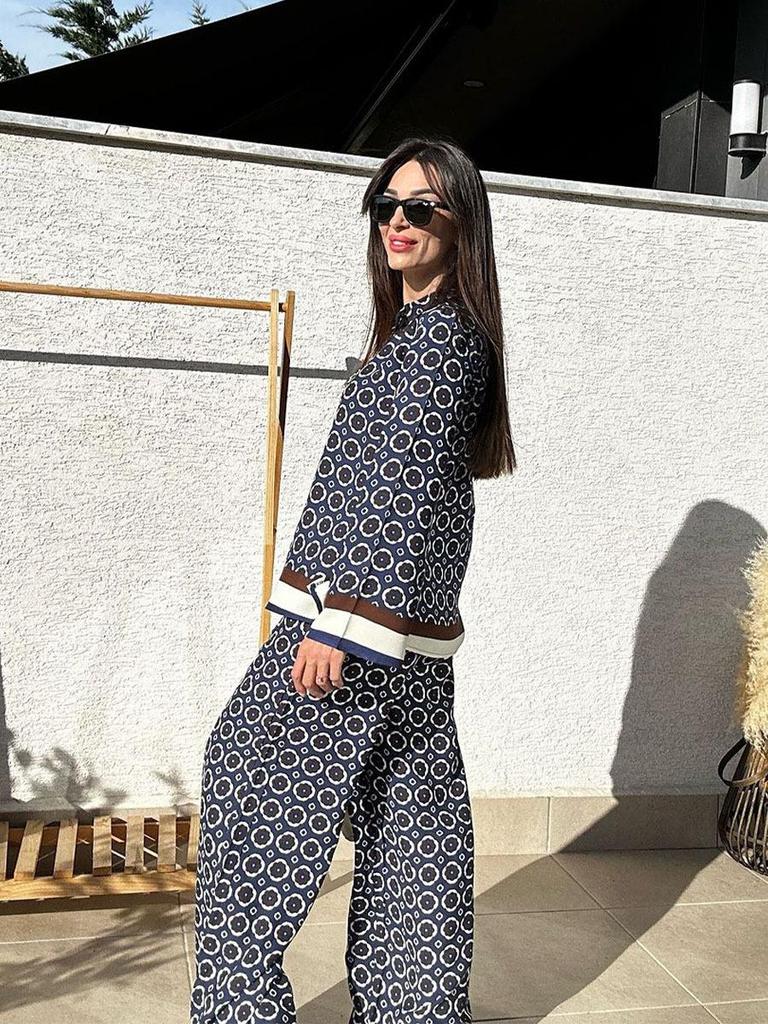 Women's Fashion Two-Piece Set: Long Sleeve Print Shirt and High Waist Pants